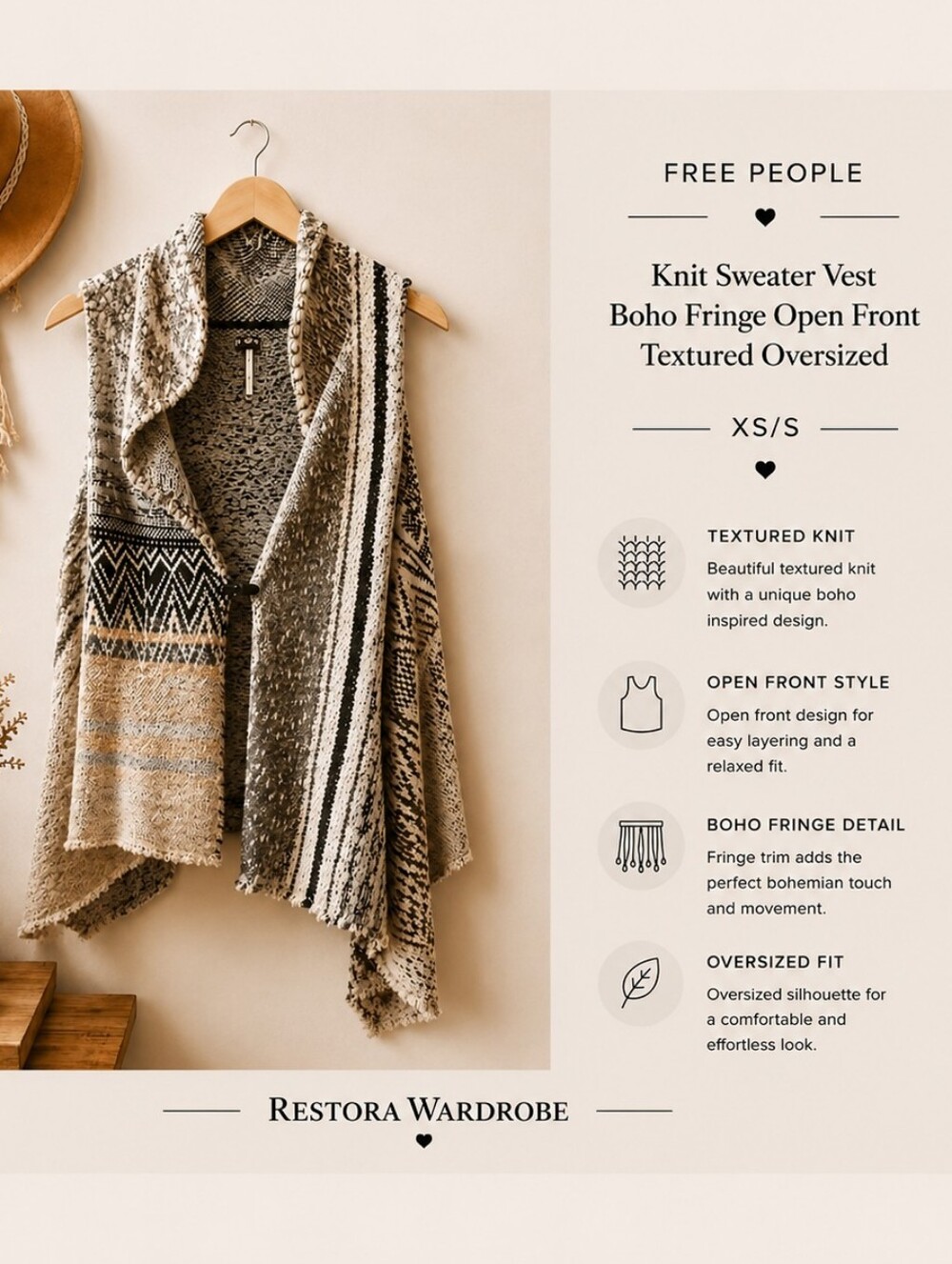 Free People Knit Sweater Vest Boho Fringe Open Front Textured Oversized XS/S